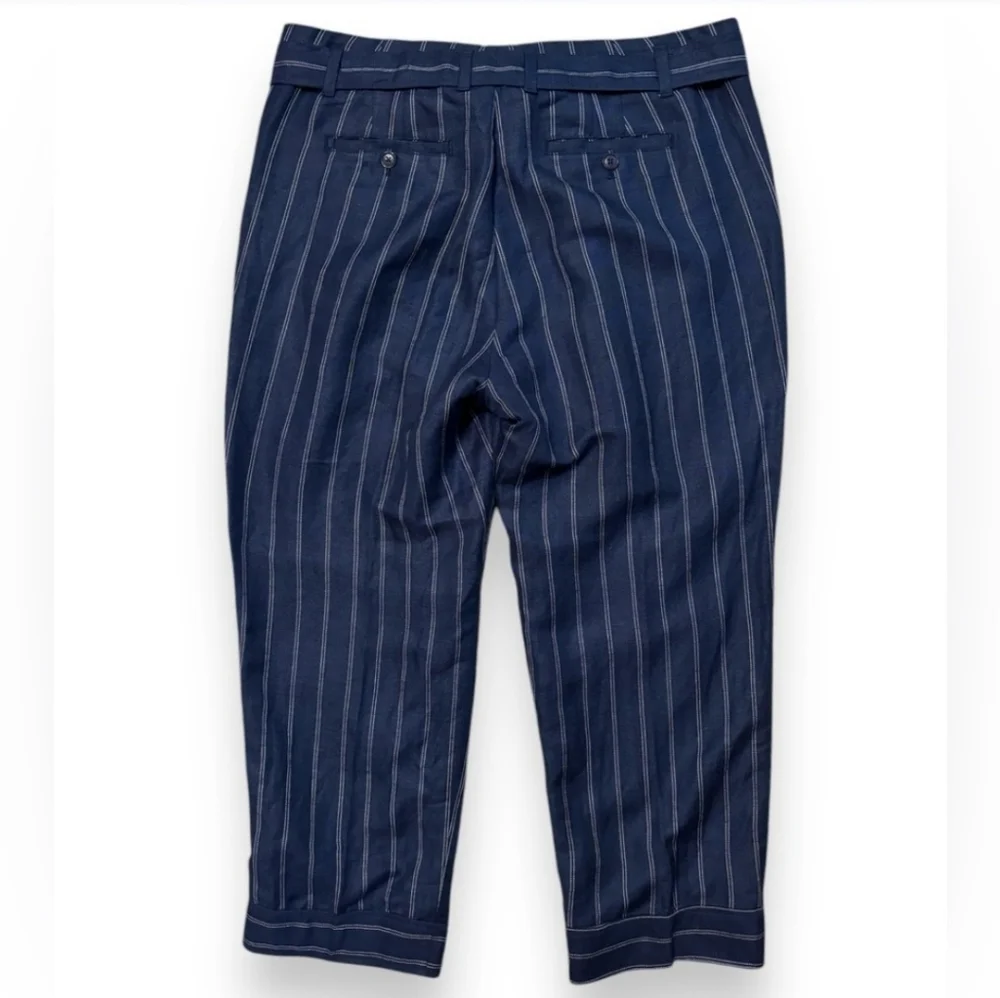 BANANA REPUBLIC Navy Striped Linen Blend Cropped Trousers Paper Bag Waist